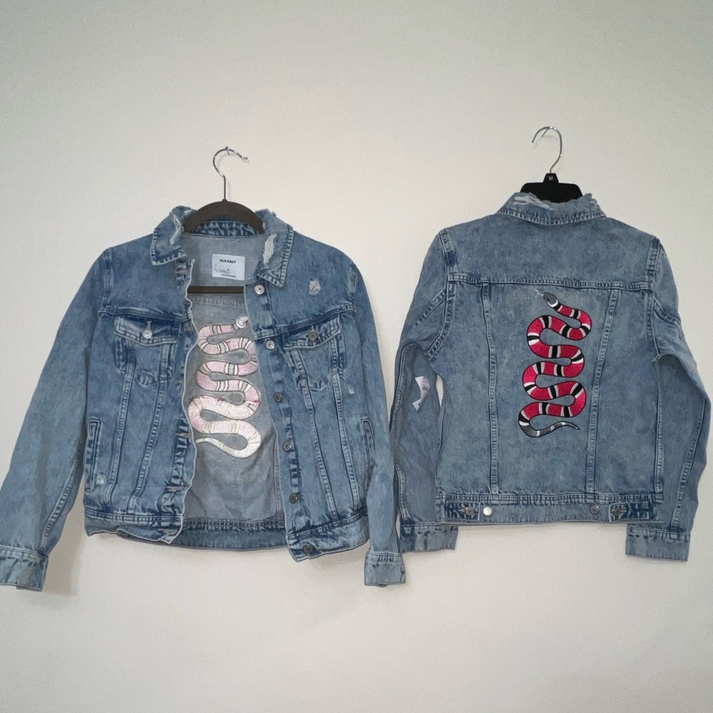 Old Navy Blue Jean Jacket with Custom Hot Pink Snake Design